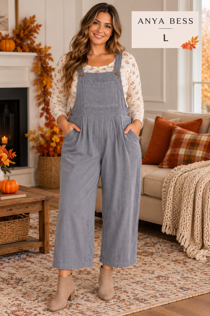 ANYABESS Cropped Wide Leg Overalls Jumpsuit L Gray Blue Boho Casual